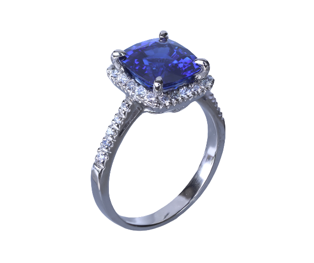18KT WHITE GOLD RING SET WITH 01 BLUE SAPPHIRE AND 30 DIAMONDS

